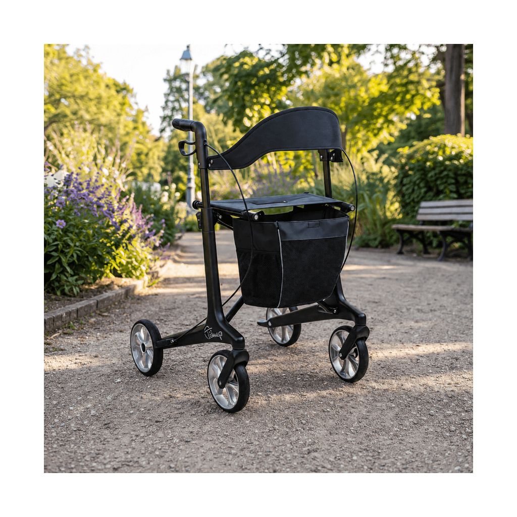 BLACK Kulfiberrollator 5,3 kg | Komplet tilbehør | Bløde hjul