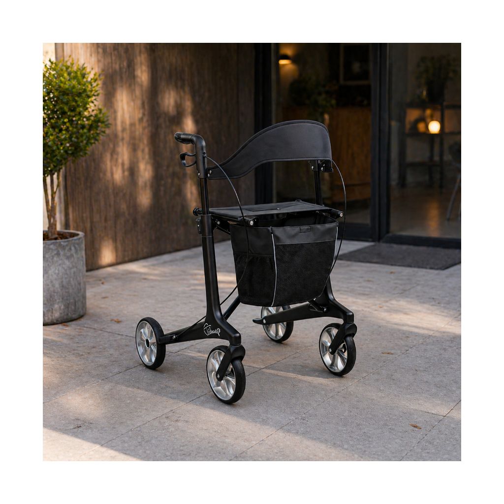 BLACK Kulfiberrollator 5,3 kg | Komplet tilbehør | Bløde hjul