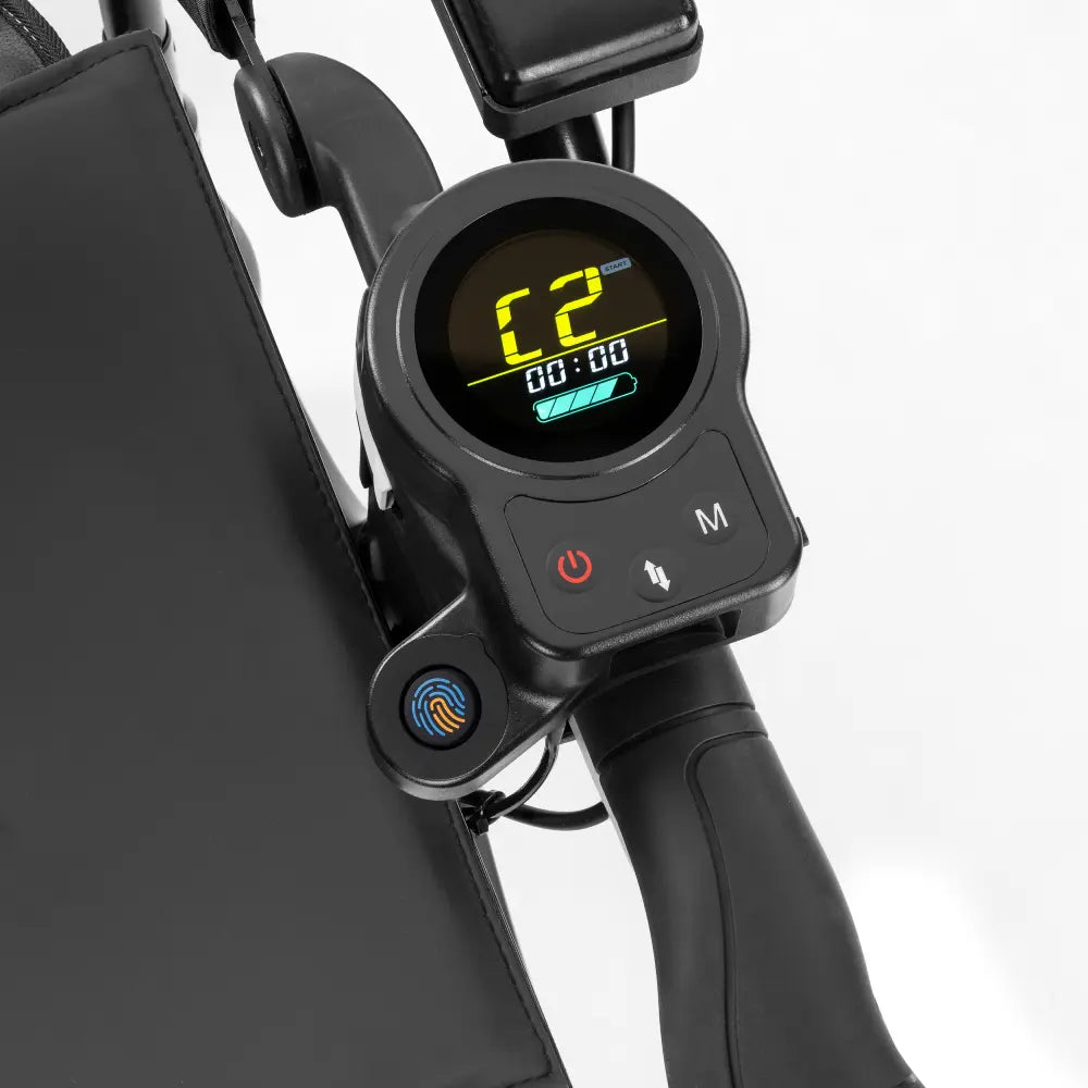 ZORRO el-kørestol ledsagerstyring på skubbehåndtag med farvedisplay, fingeraftryk-sensor og hastighedsknapper
