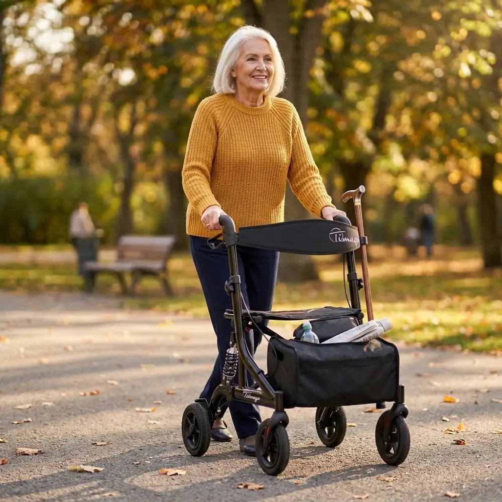 Aktiv senior kvinde på gåtur i efterårspark med Timago JOHNNIE udendørs rollator