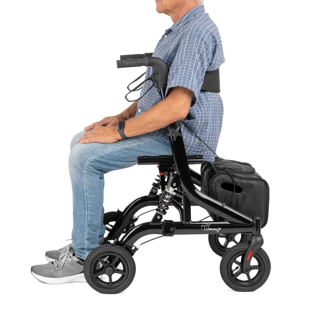 Johnnie letvægtsrollator giver plads til sidde ned